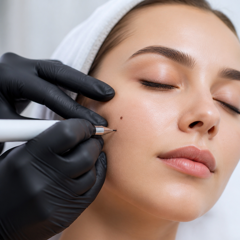 Beauty spot enhancement being precisely placed