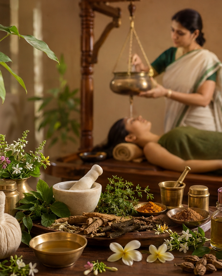 Ayurveda Panchakarma Fertile Care therapy setting with herbs and oils